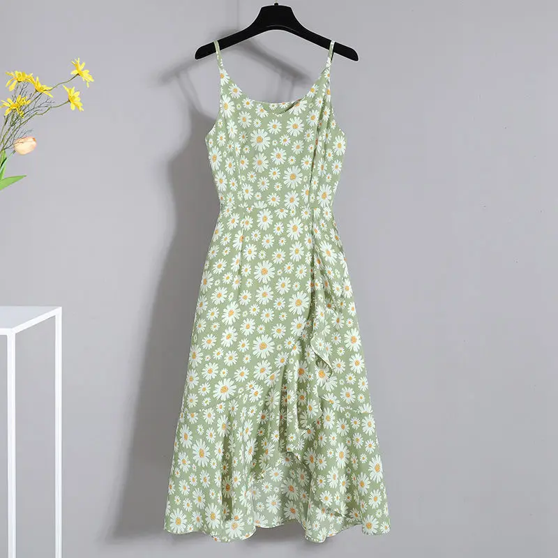 

2022 Summer Women's Fashion Sleeveless Dress Lady Graceful Daisy Green Camisole Dress Boho Beach Seaside Travel Clothing Female