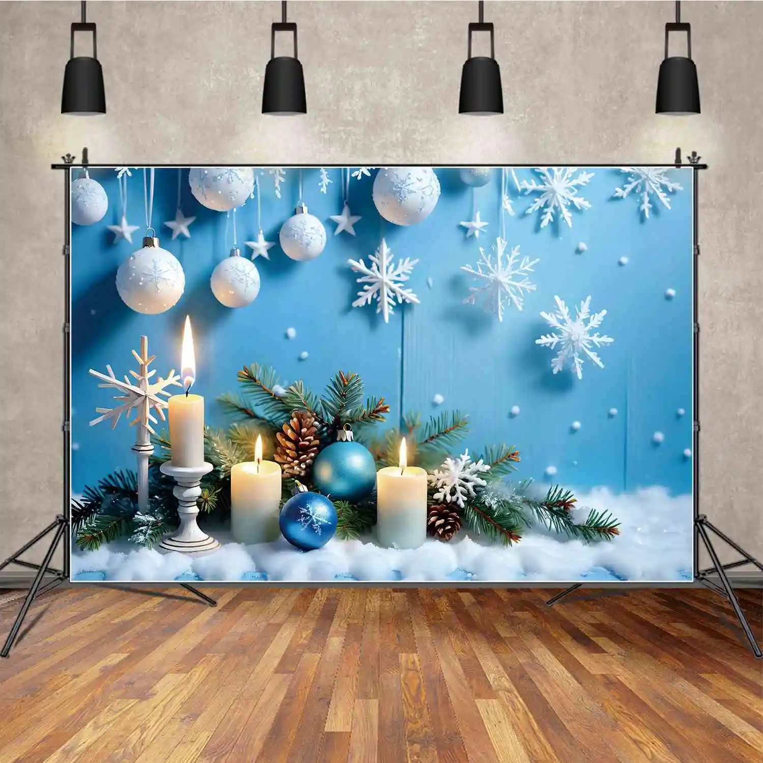 Moon.Qg Sfondo Christmas Blue Plank Photography Background Wood Board Star Pine Ball Candle Light Decor Studio Photozone Puntelli
