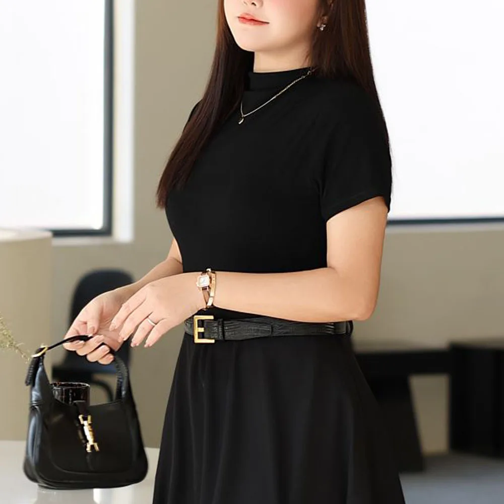 Slim Short Sleeve T-shirt Office Lady Premium Tops Stand Collar American Vintage Plus Size Women Tees Autumn 2025