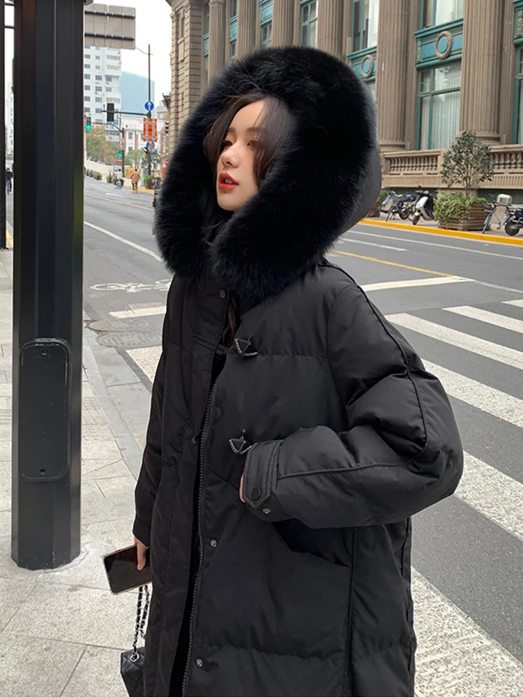 New Winter Fashion European American Women Down Coat High End Warm White Duck Down Female Coat Solid Hooded Coat