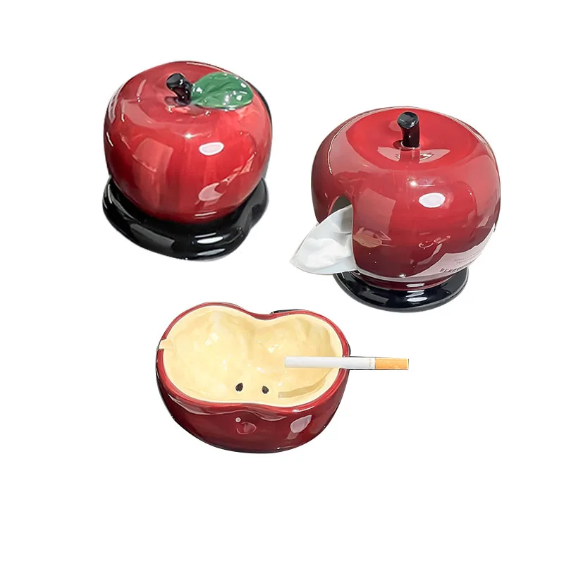 Ceramic Apple Ashtray with Cover for Living Room Decoration