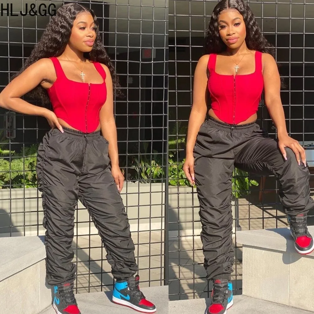 HLJ&GG Casual Female Ruched Design Jogger Pants Women High Waisted Sporty Bottoms Autumn Winter Solid Color Matching Trousers