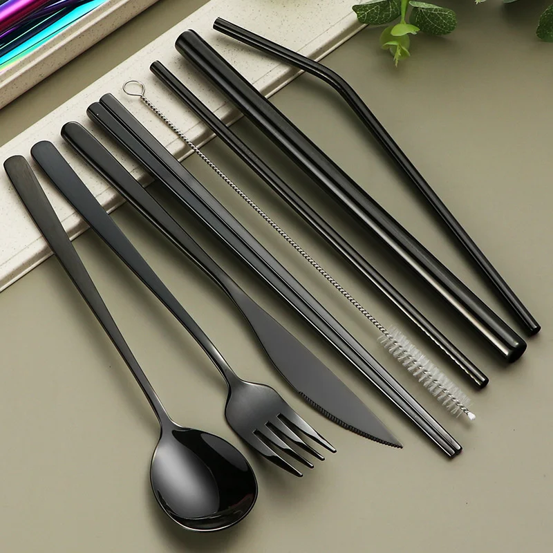 10sets 304 Stainless Steel Tableware Set, Korean Portable Ten Piece Set, Chopsticks, Spoons, Straws, Wheat Boxes
