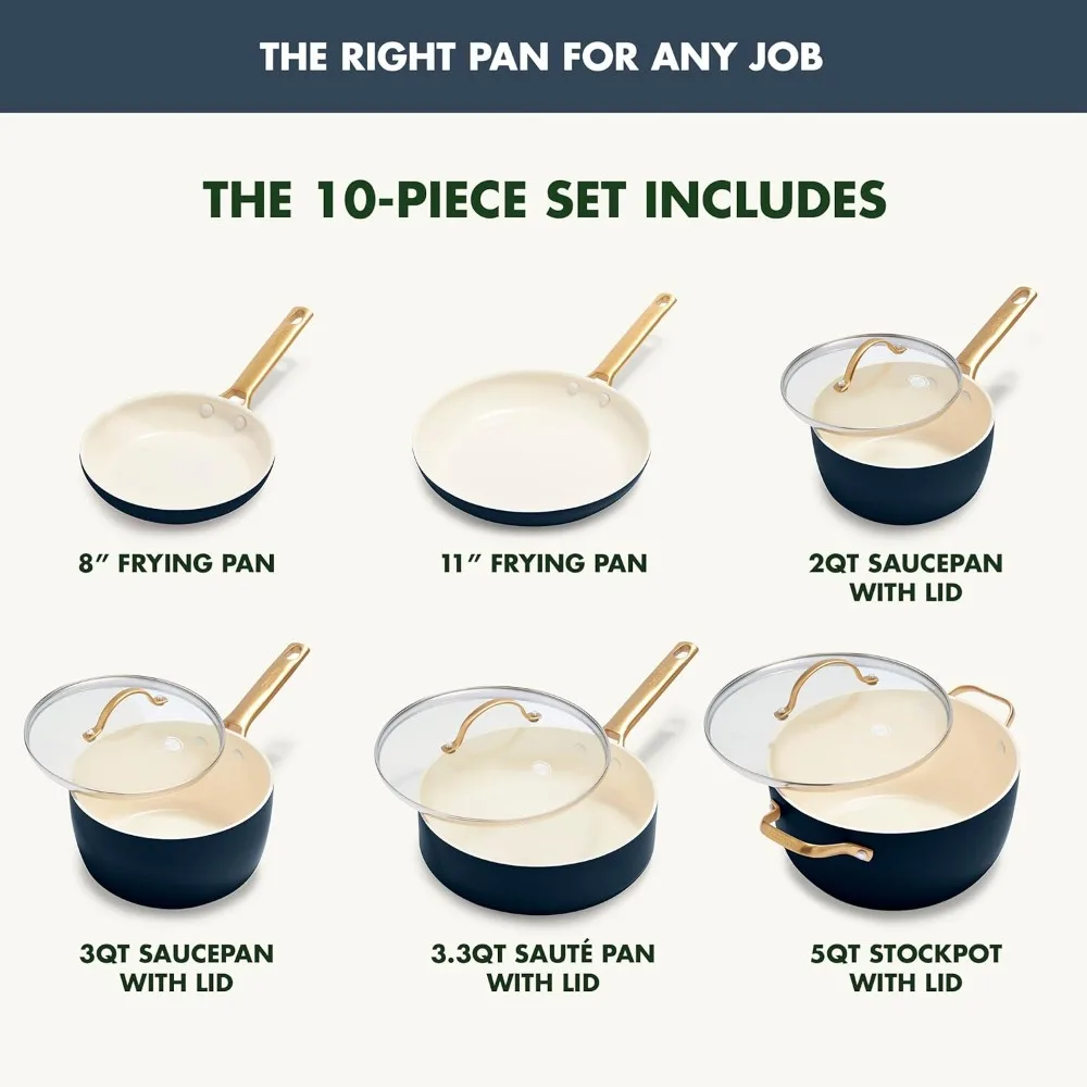 Reserve Hard Anodized Healthy Ceramic Nonstick 10 Piece Cookware Pots and Pans Set, Gold Handle, PFAS-Free, Dishwasher Safe