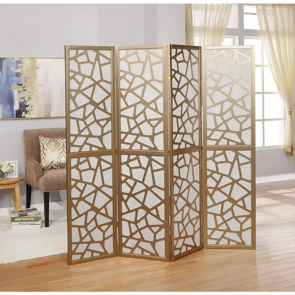 4 Panel Screen Room Divider with Gold Curtain, Perfect for Separating Spaces and Adding Style High Quality