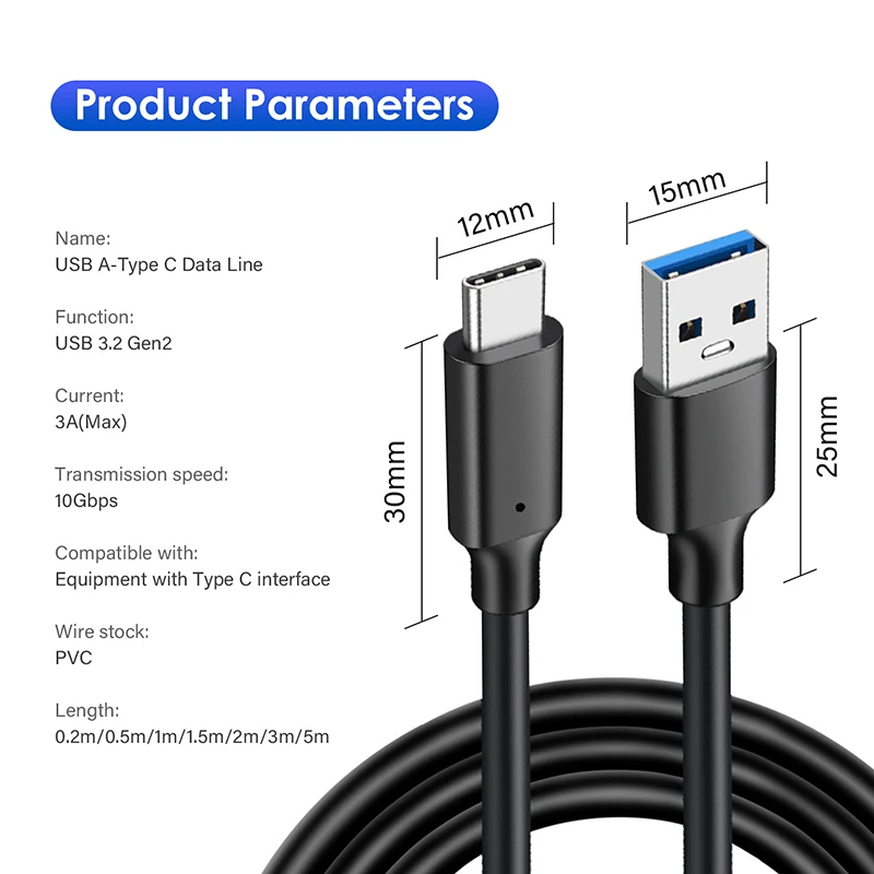 High-Speed USB 3.2 Gen 2 Type A to C Charging & Data Cable - Fast Charge, Multiple Lengths