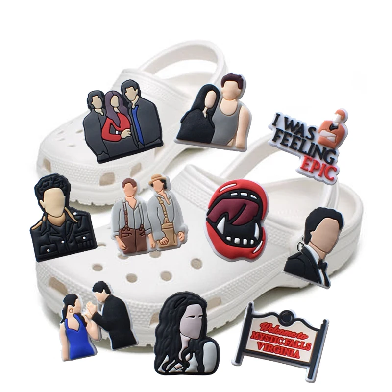 10-pack The Vampire Diaries Theme Pins Croc Charms Movie Silicone Wristband Ornament PVC Garden Shoes Accessories Party Gifts