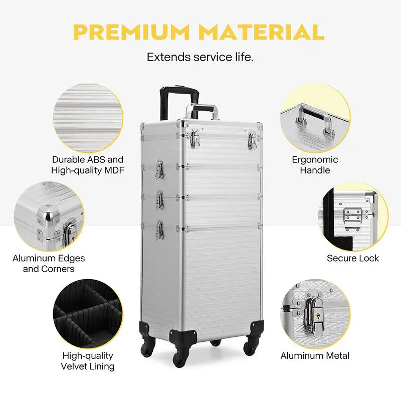 4in1 Makeup Rolling Train Case Cosmetic Organizer Box 3 Color Led Lighted Mirror 4