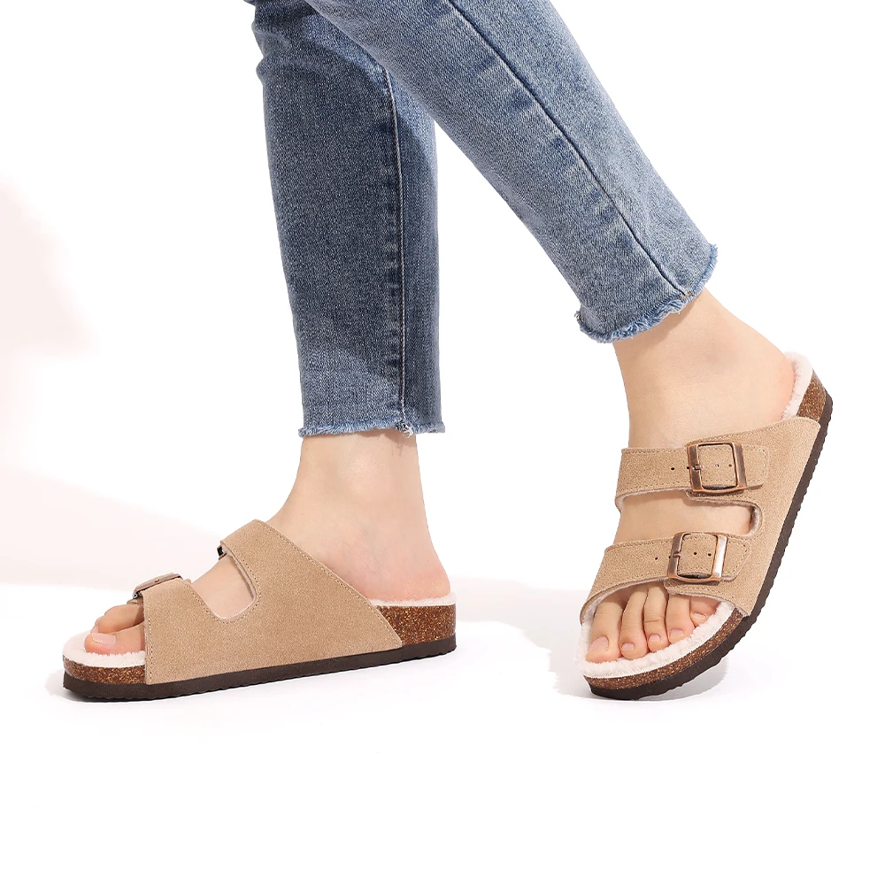 Women's Cork Clogs With Double Buckle And Warm Fleece Lining_voghion.com