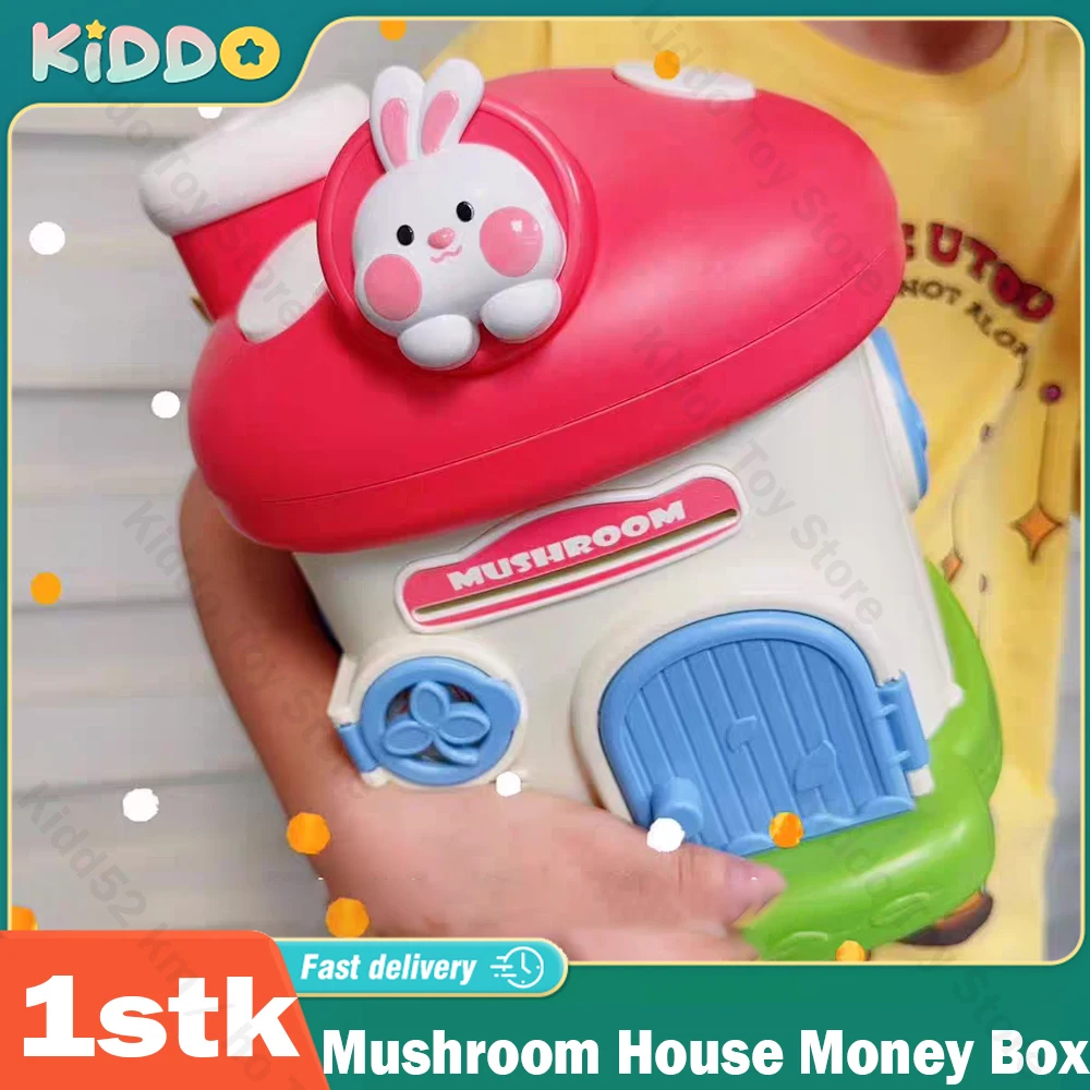 Mushroom House Money Box Piggy Bank Portable Key Lock Cash Box Students Creative Safe Savings Jar for Kids Adults Christmas Gift