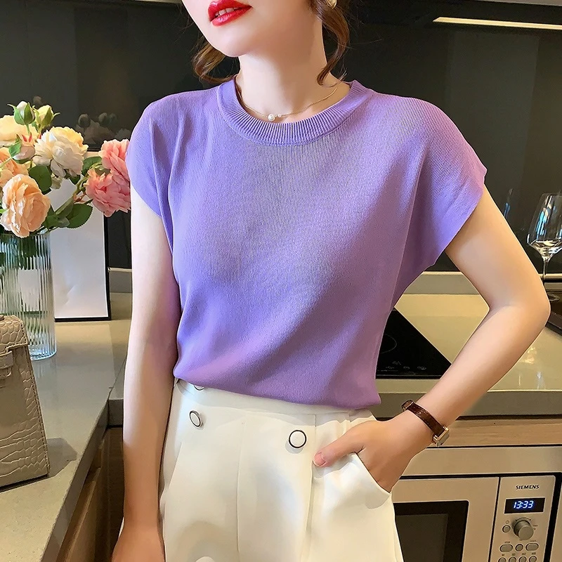 

Korean Style Fashion Short Sleeved T Shirt Women Round Neck Slim Knitted Crop Top Commuting Simple Solid Color Versatile A69