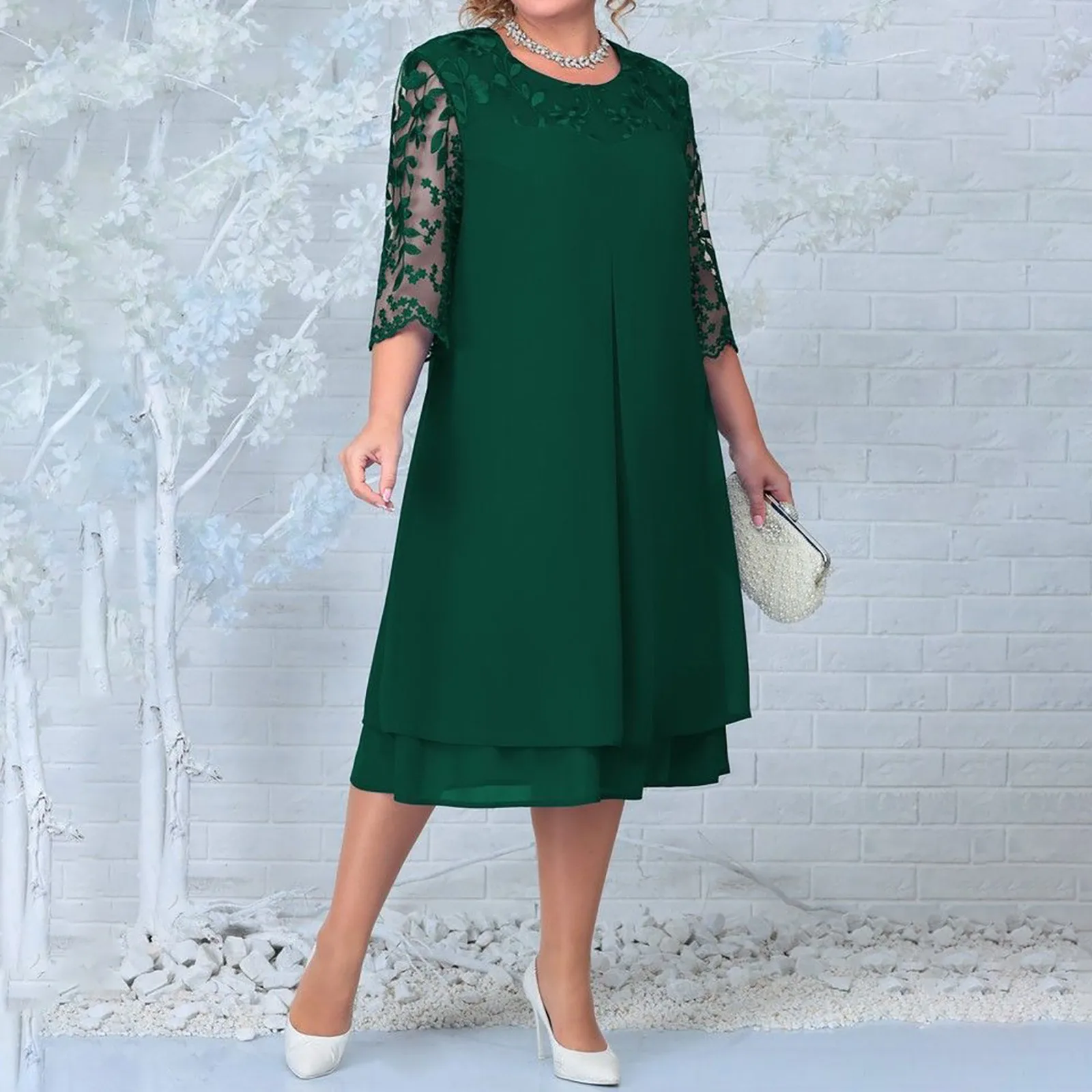 Alice Encaje Y Gasa Vestido Con Cremallera En Espalda Verde Oscuro Tallas Grandes