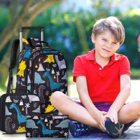 3PCS Kids Rolling Backpack, Boys Roller Wheels Bookbag, Wheeled School Bag with Lunch Bag - Dinosaur 2