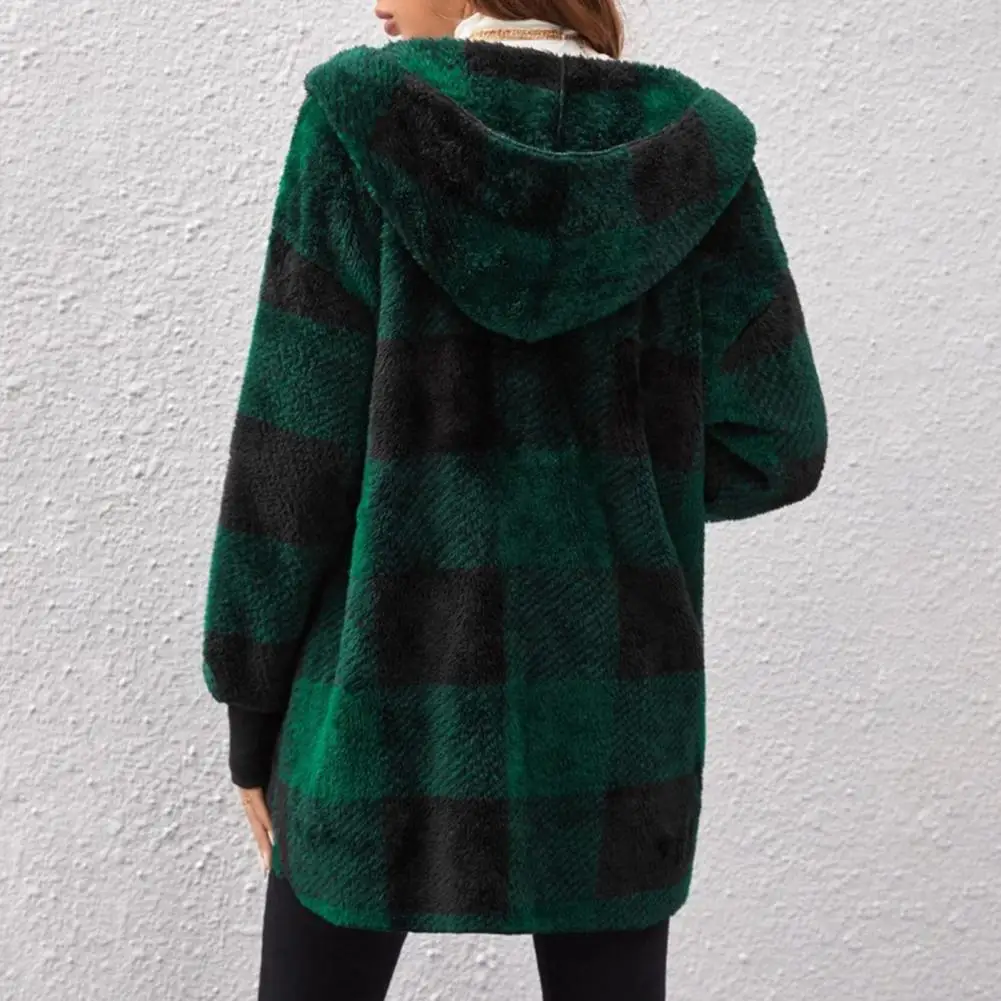 

Women Lightweight Coat Plaid Print Hooded Overcoat for Women Warm Knitted Fall Winter Coat with Elastic Cuff Loose Open Stitch