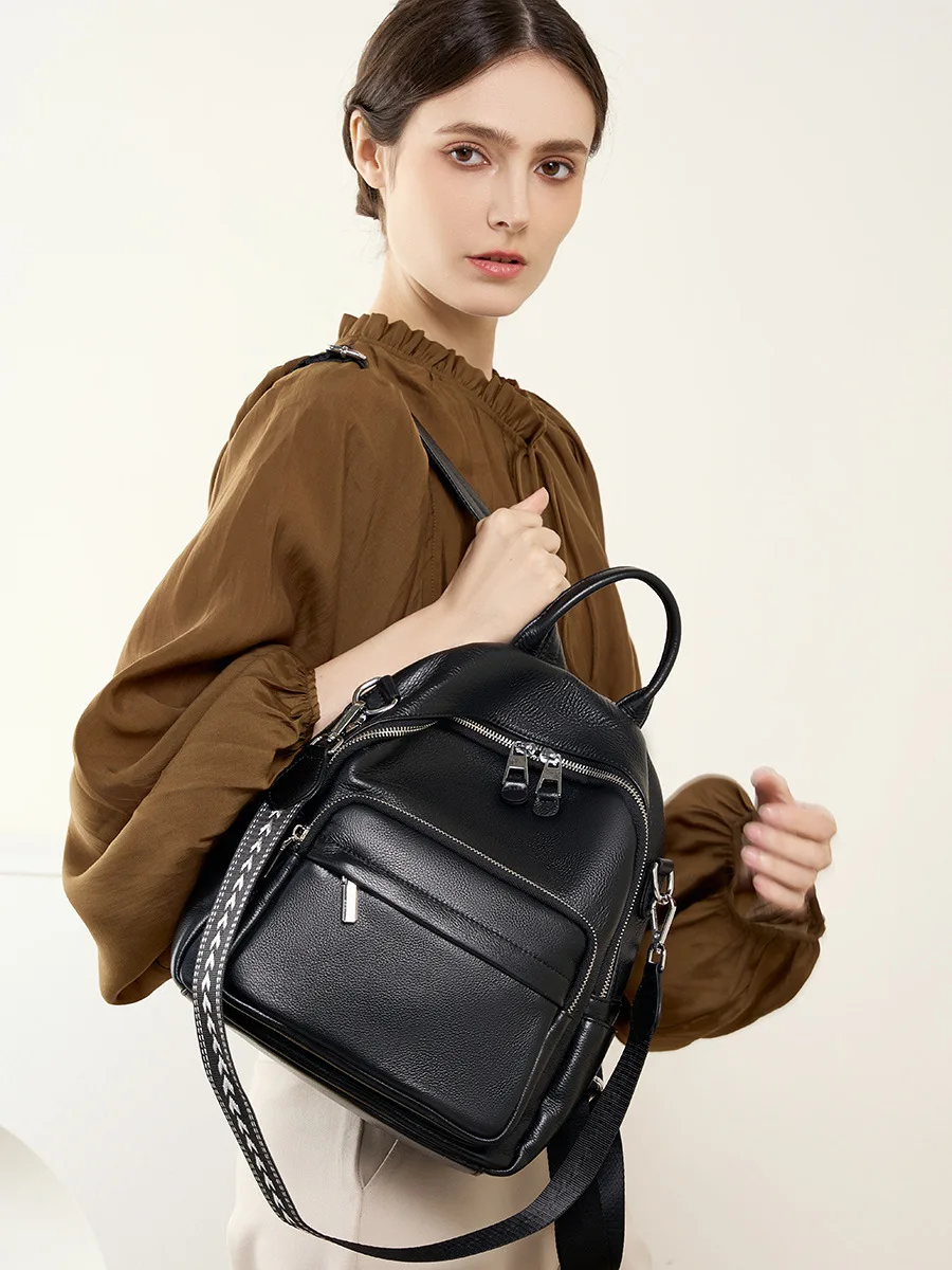 2024 New lychee pattern backpack Genuine leather soft leather fashion hundred fashion women large capacity travel Knapsack
