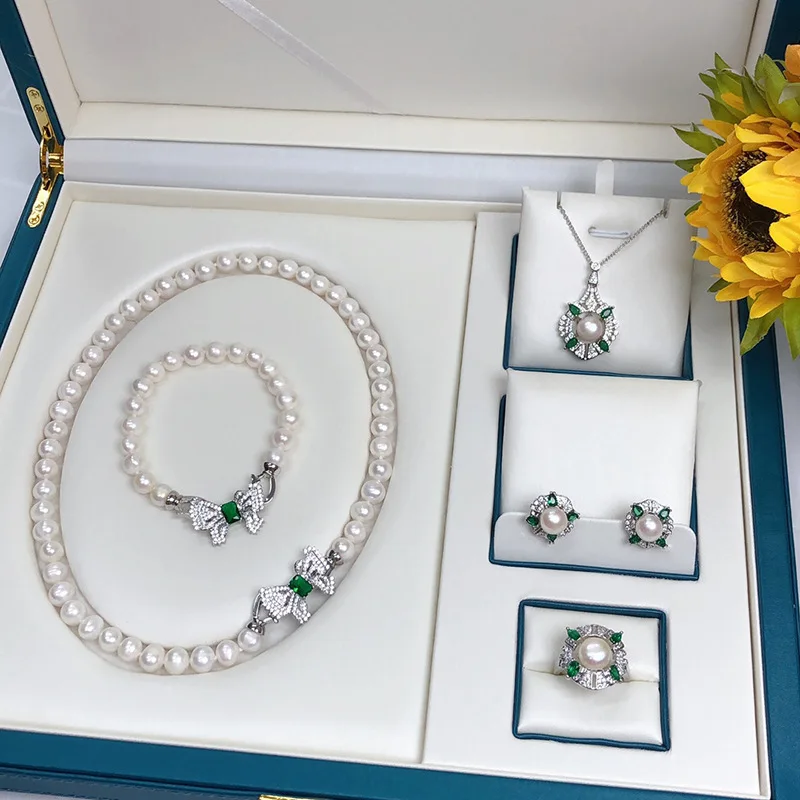 

Natural 5PCS set 8-9mm white Freshwater pearl & Butterfly Buckle Necklace Bracelet Earring Ring women's versatile Luxury Jewelry