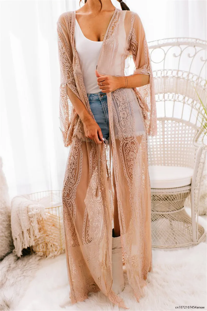 

Летнее женское кружевное вязаное бикини, Дамская накидка, кимоно, кардиган, купальный костюм, кафтан, купальный костюм с длинным рукавом, Пляжное Платье для отпуска