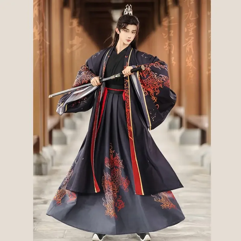 Autumn WeiJin Style Red Black Printed Hanfu Dress Men's Chinese