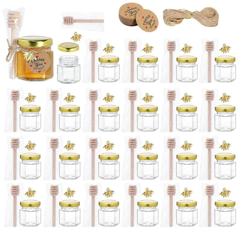 

1.5oz 20 Pack Mini Honey Jars Party Favors in Bulk with Dipper Gold Lids Cute Bee Pendants Perfect for Baby Shower,Wedding Favor