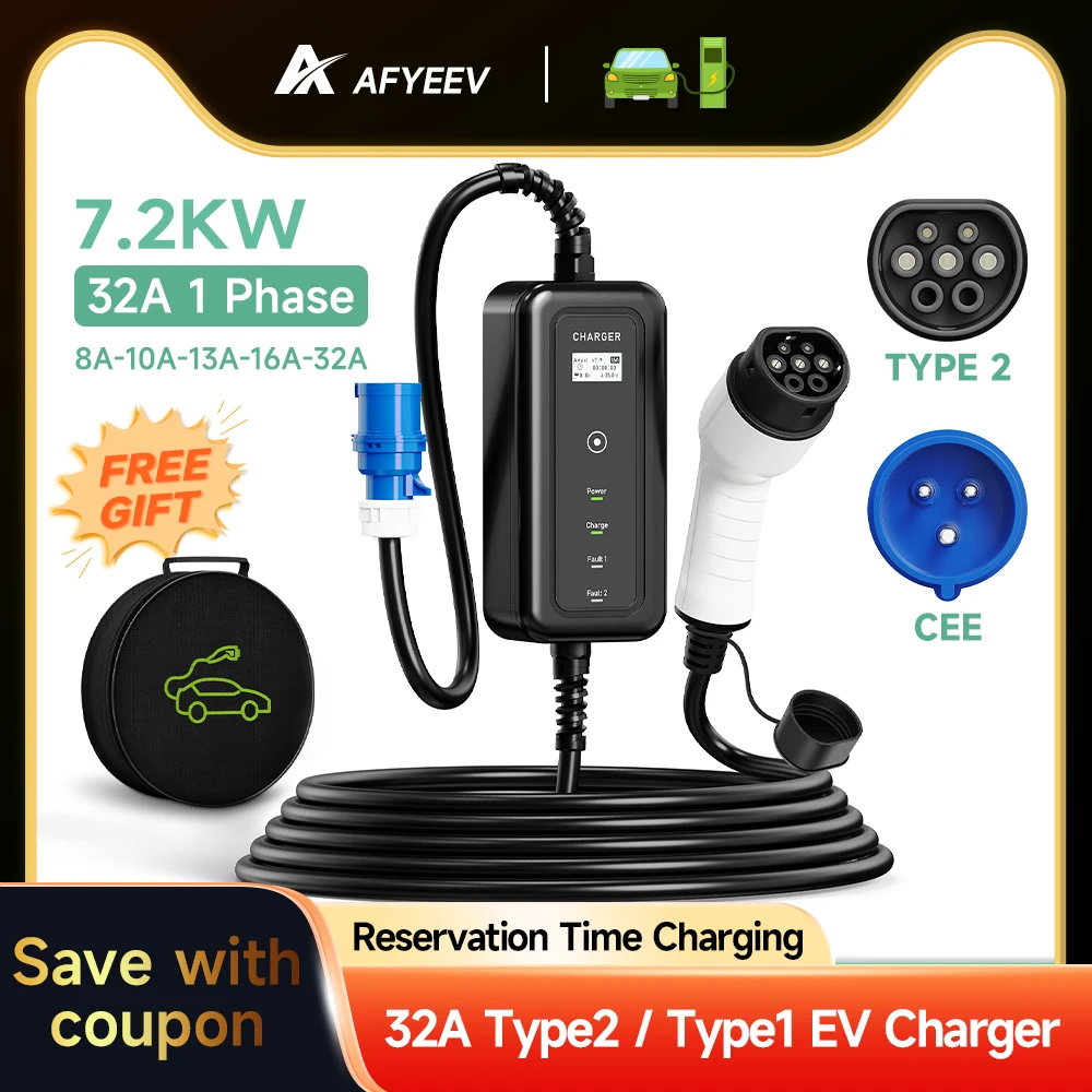 AFYEEV 32 Amp Electric Vehicle EV Charger Type 2 IEC 62196-2 Portable EVSE, CEE Plug 220V-240V Car Charging Cable Type1 J1772