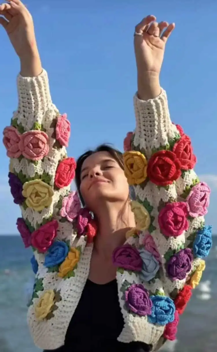 Boho Inspired Crochet ROSE cardigan sweater for women long