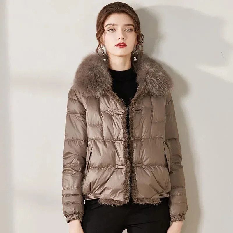 Winter Women Down Jacket Fur Collar Single-breasted Warm Down Coat Short Puffer Jacket Vintage Outerwear Luxury Women's Clothing