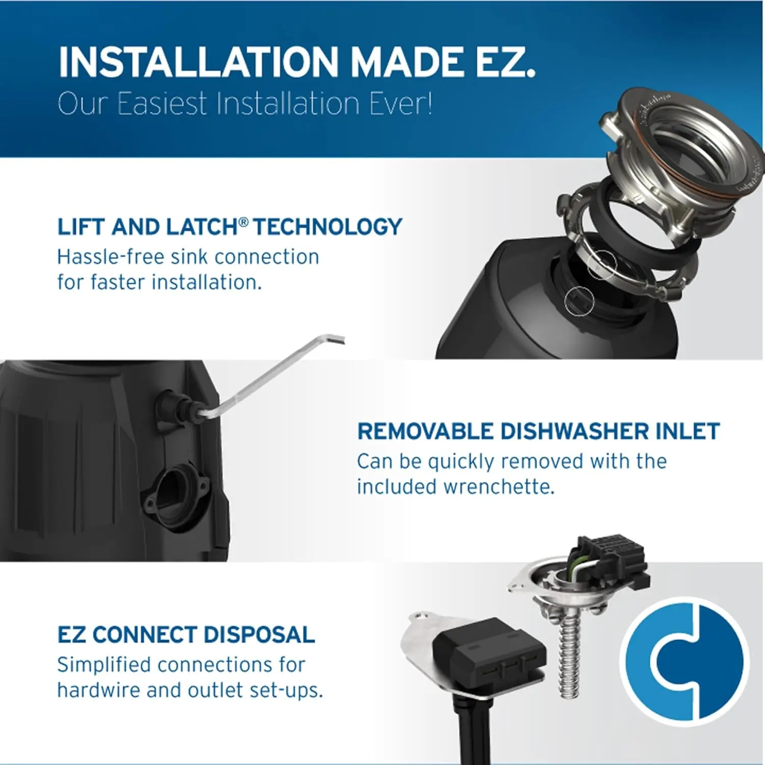 Power .75HP, 3/4 HP Garbage Disposal, Power Series EZ Connect Continuous Feed Food Waste Disposer, Black 6