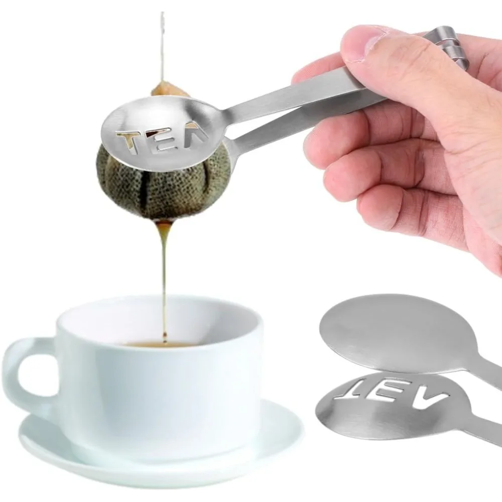 Teabag Tong Strainer Holder Spoon Shaped Tea Bag Squeezer/Holder Gadget, Round Stainless Steel Kitchen Bar