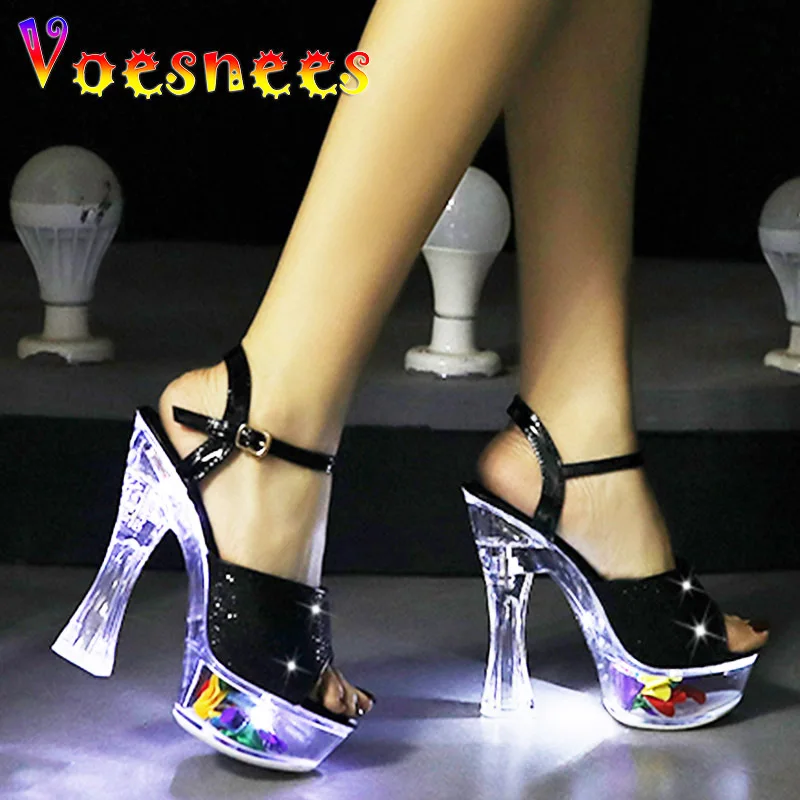 Square Heel Women Sandals Light Up Glowing Fashion Model Shoes