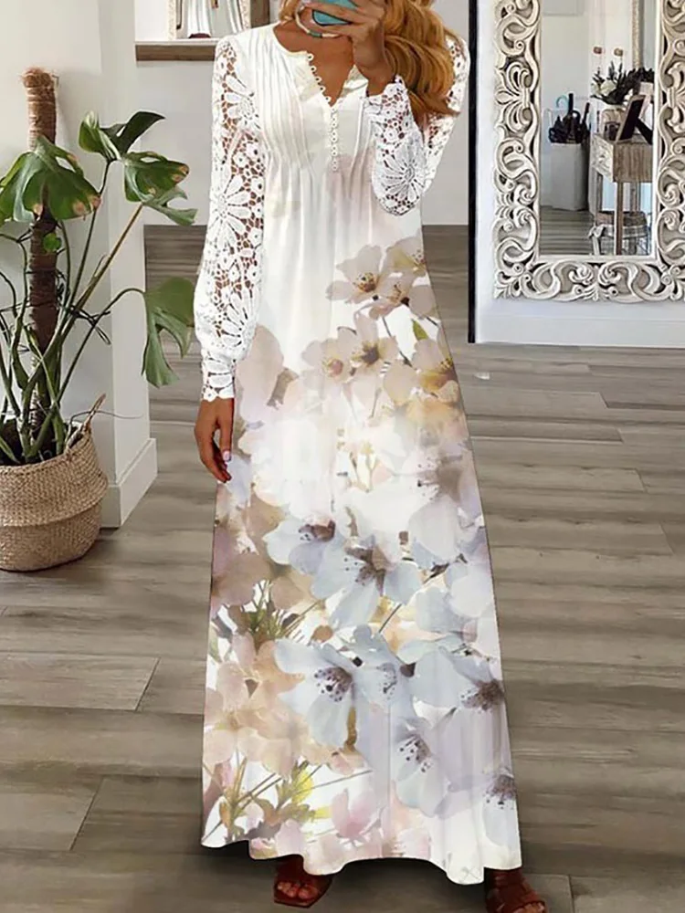 

New Lace Patchwork Long Sleeve Spring Summer Women Maxi Dress Printing Elegant V-Neck Loungewear Ladies Party Dress Dropshipping