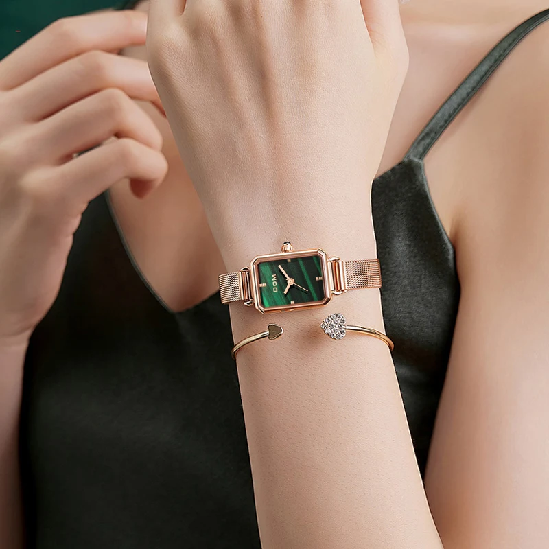 DOM New Ladies Watch Square green dial Fashion Luxury Trend Casual Waterproof Swimming Steel Belt Leather Women's Watch G-1337