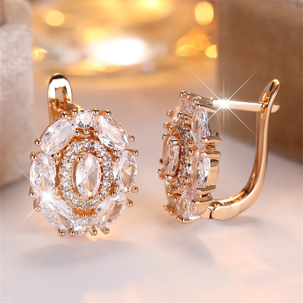 Luxury Crystal Oval Stone White Zircon Hoop Earrings For Women Vintage Gold Color Ear Buckle Wedding Jewelry Versatile Gifts