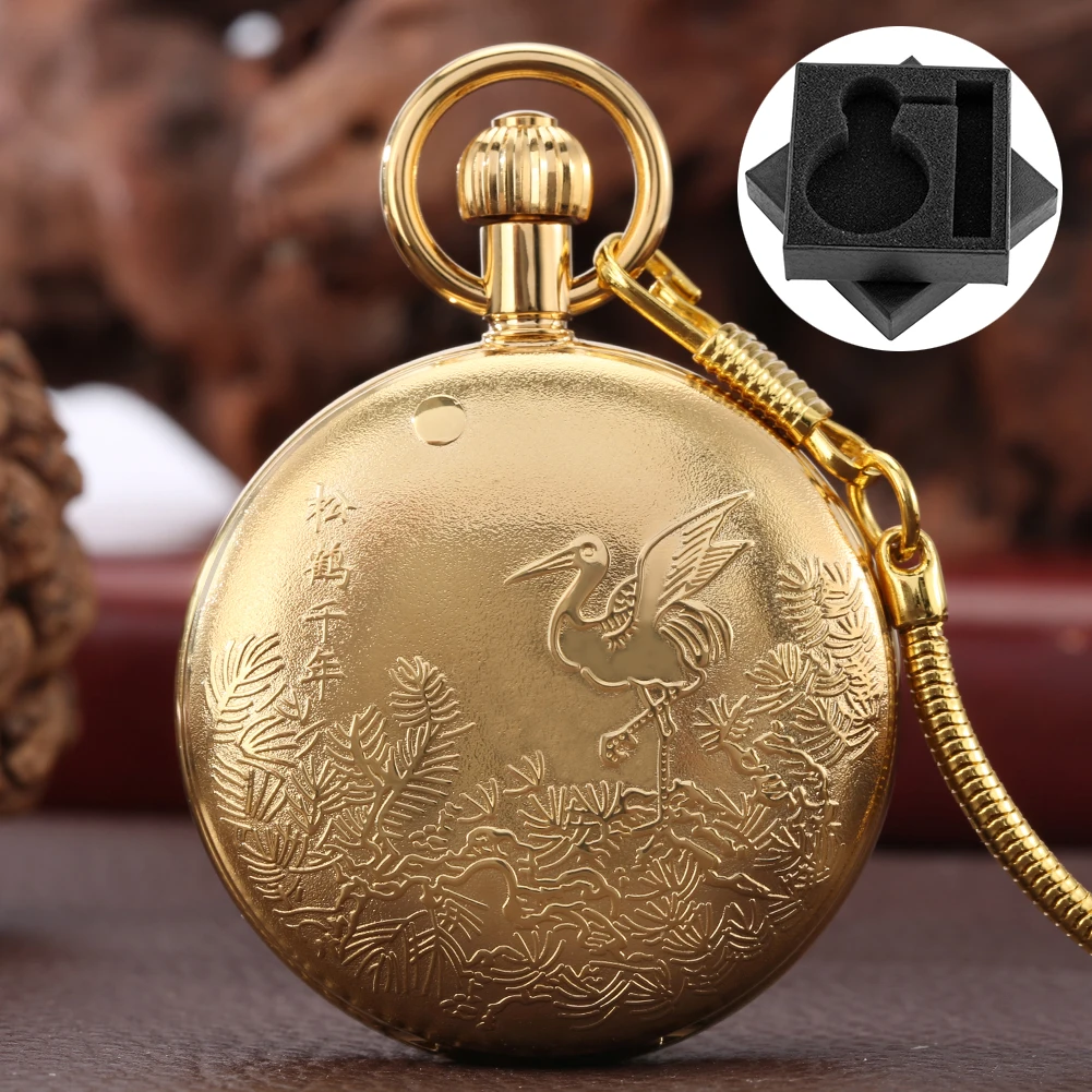 antique-gold-copper-field-crane-design-men's-mechanical-pocket-watch-snake-fob-chain-pendant-luxury-automatic-timepiece-gift-box