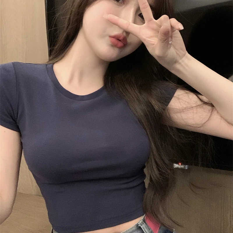 Szexi póló női nyári vékony póló női, egyszínű, rövid ujjú koreai Kpop vékony O-nyakú póló női ruhák Top943_voghion.com