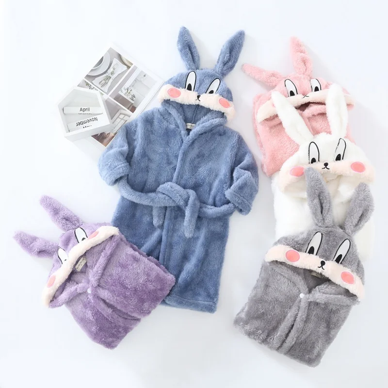 Fall Winter Kids Hooded Bathrobe Baby Bath Robes Boys Girls Cute Cartoon Rabbit Flannel Pajamas Toddler Long Sleeve Towel Robe