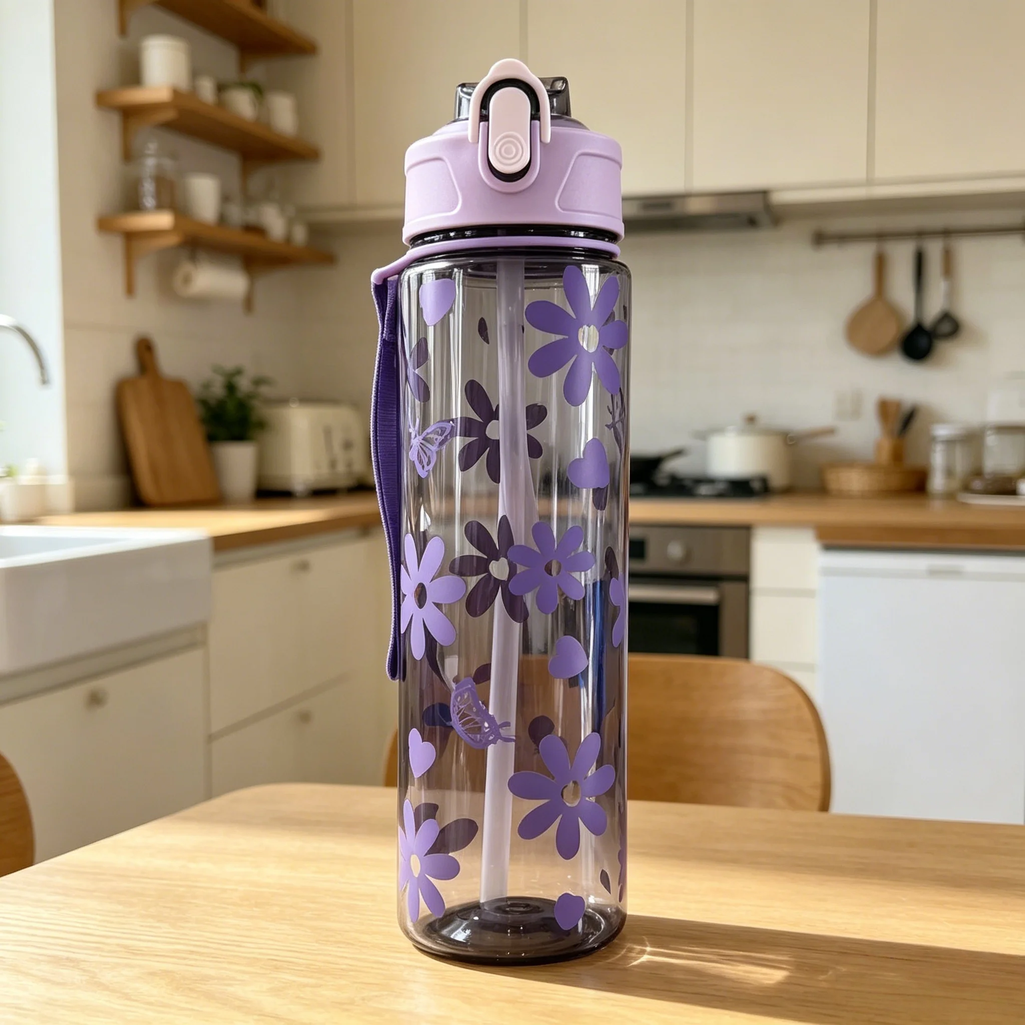 Floral Bowknot Patterned Water Bottle - Trendy, Stylish, Lightweight & Durable with Portable Lanyard