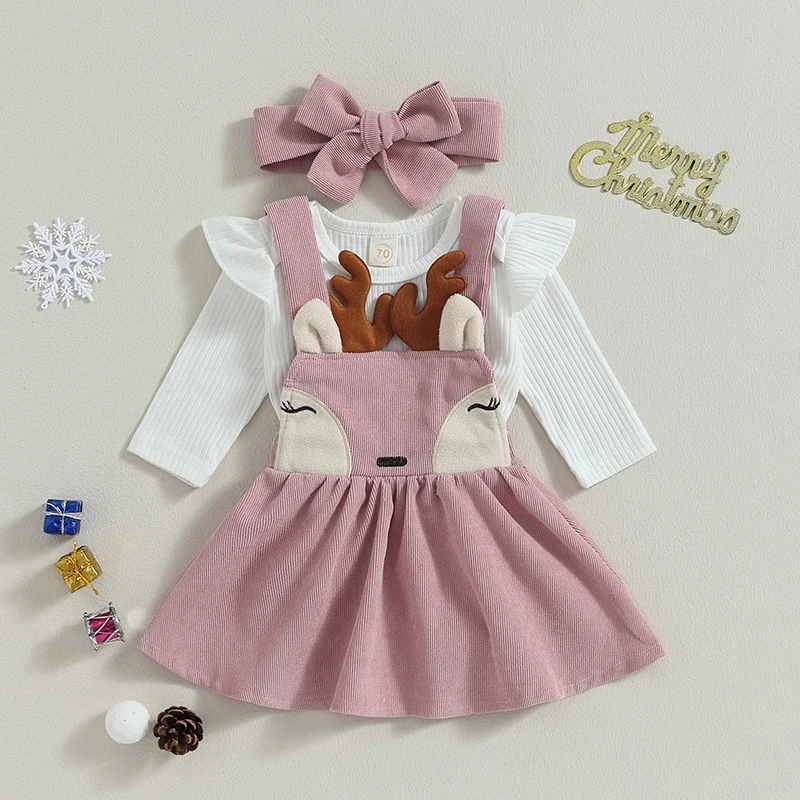 

0-18M Infant Baby Girls 2pcs Clothes Sets Fall Long Sleeve Solid Color Romper Xmas Deer Suspender Skirt Sets Christmas Clothes