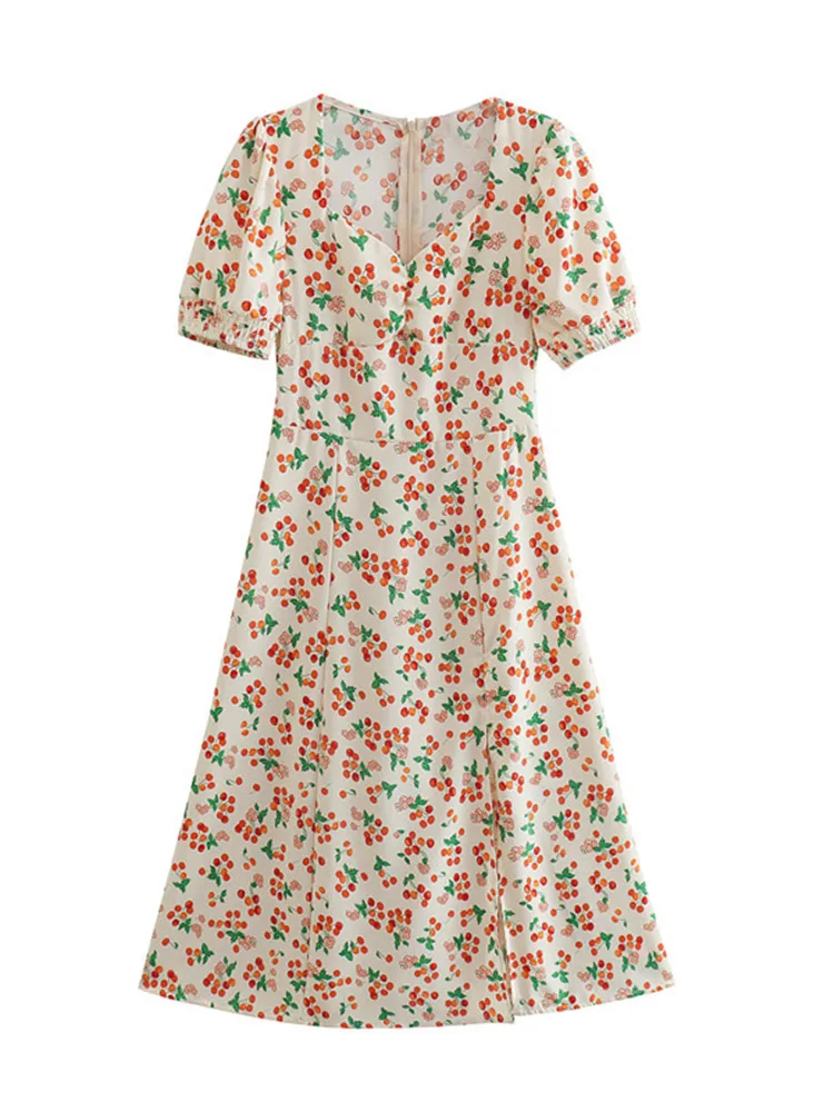 

Women Dress half open collar Pullover Short Sleeve Floral Print Chiffon Fabric Sexy Hem Side Slit Long Skirt Fashion SummerDress