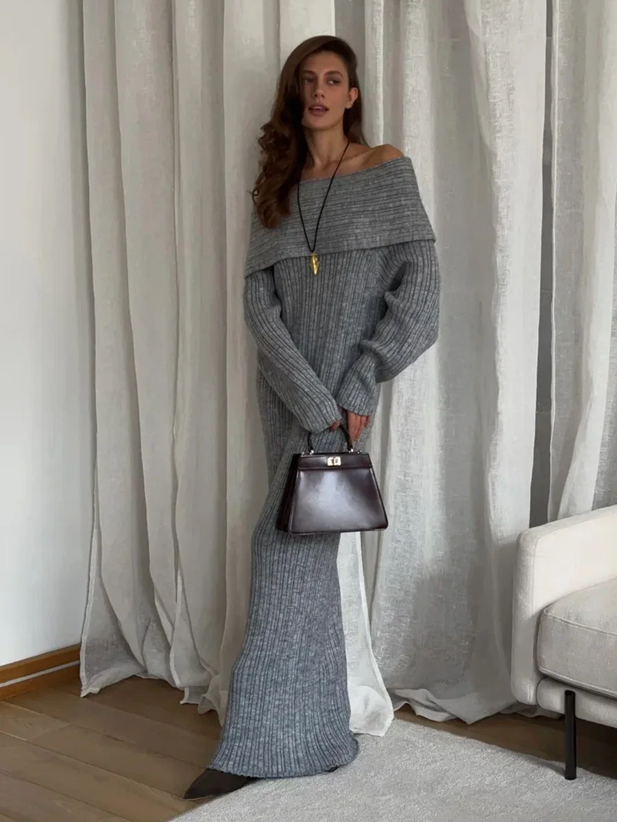 Bornladies New Autumn Winter  Fashion Knit Dress Women's Sexy  Long Sleeve Slim Fit One Shoulder Bodycon Knit Sweater Dress