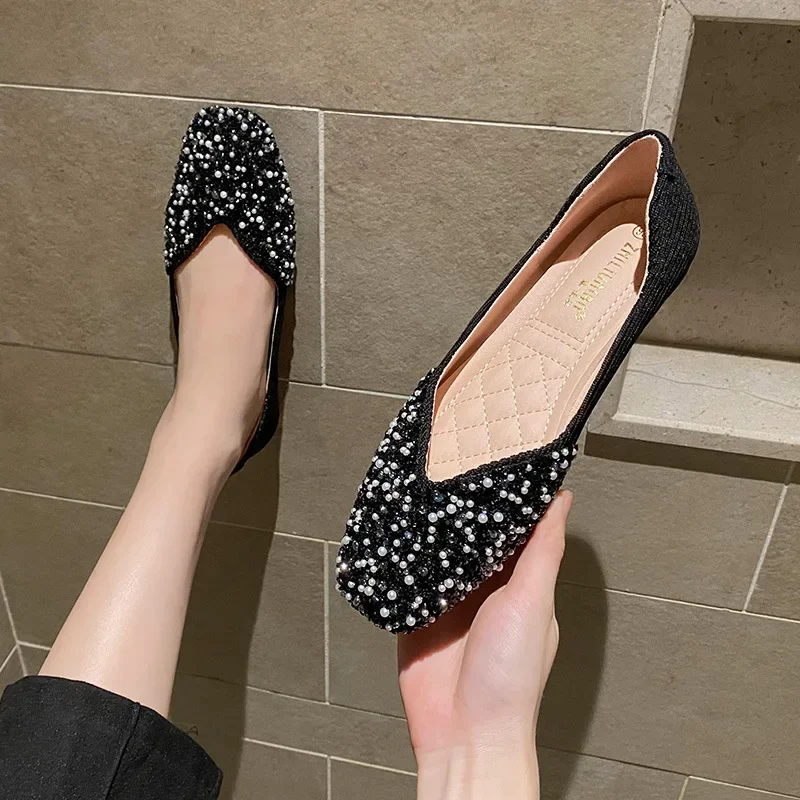Women's Pearl Beaded Flats Shoes Spring Square Toe Loafers Female Shallow Slip On Mocasines Mujer Sequined Ballets Shoes Ladies