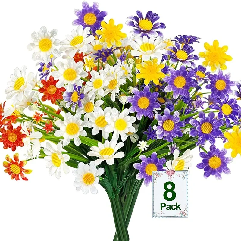 

8 Bundles Artificial Daisy Bouquet UV Resistant Shrubs Plants No Fade Outdoor Fake Flowers Garden Porch Home Wedding Decor