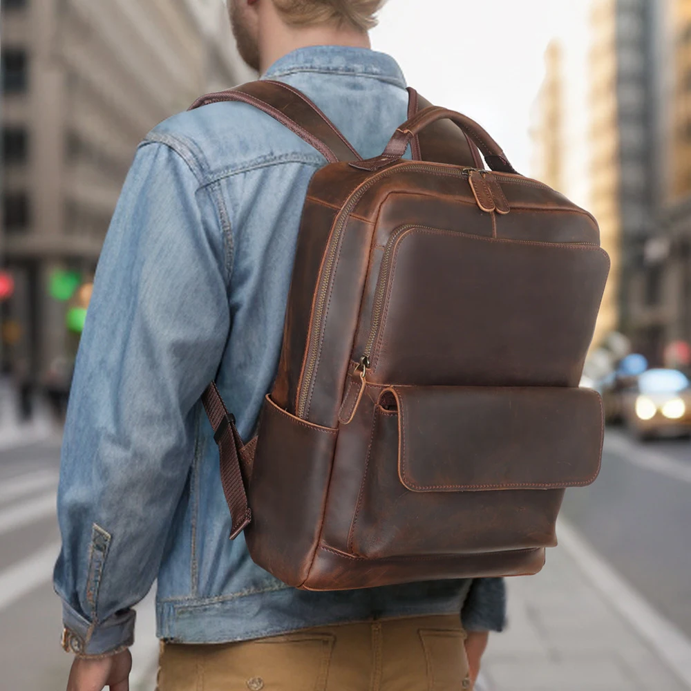 

Newsbirds Large Leather Backpack 15.6 Vintage Crazy Horse Leather Laptop Bag Travel Bag Computer Backpacks for Man Male Big Size