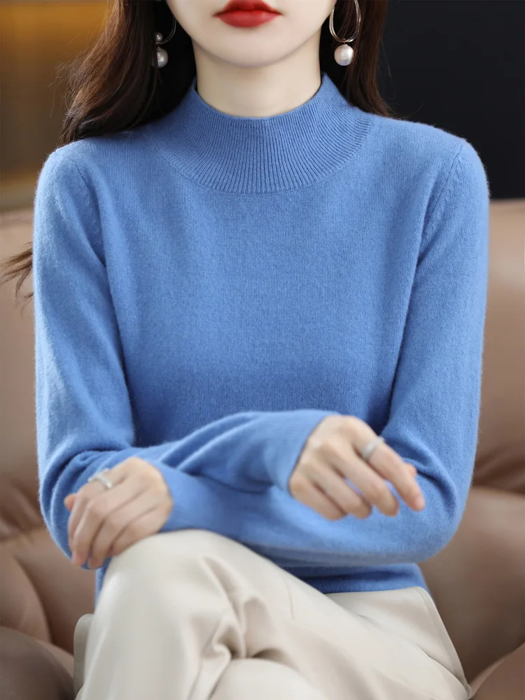 

2023 Fashion 100% Merino Wool Tops Women Clothing Knitted Sweater Mock Neck Full Sleeve Pullovers Spring Autumn Jersey Knitwears