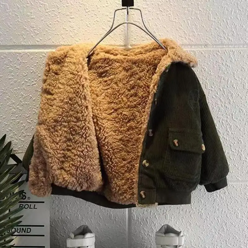 Corduroy Fur Coat For Boys Winter Jacket Lapel Plush Warm Outerwear Children Fashion Boys Thicken Lambswool Jackets 1-5 Years kids jackets