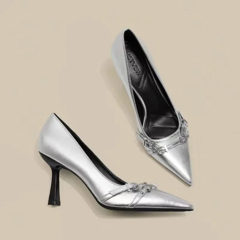 Luxury Brand Designer Women Sandals Fashion Pointed Toe Buckle Strap Metal High Heeled Kitten Heel Elegant Single Shoes Female 5