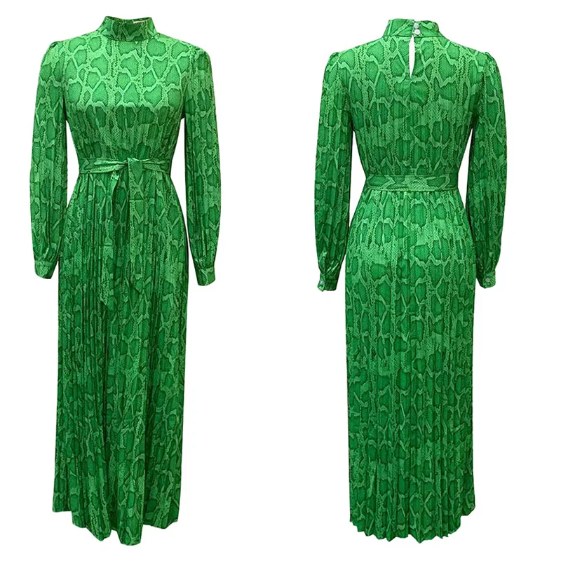 Fashion Half-high Collar Printing Long Sleeve A-line Skirt Plus Size Elegant Crimp Loose Lacing Zipper Basic Ankle-Length Dress