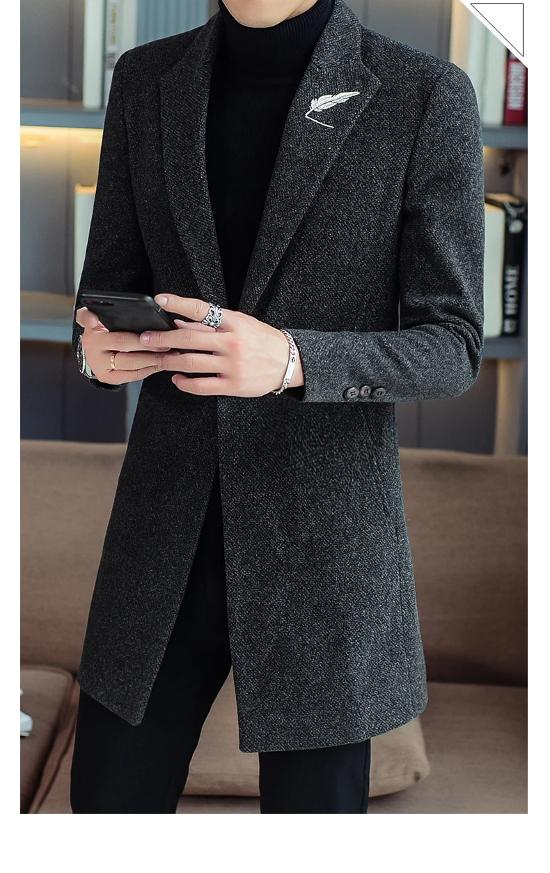 Business Casual 2026 Frühling Herbst Herren Einfarbige Wollmäntel Slim Fit Mittellange Trenchcoats Oberbekleidung Woll-Windbreaker Jacken – Detail 13