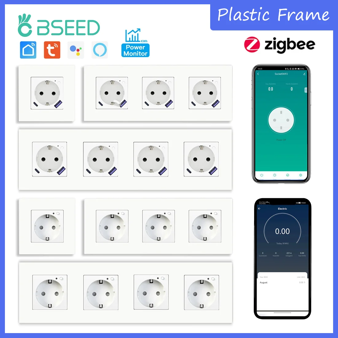 BSEED Zigbee สมาร์ท AC ซ็อกเก็ต EU Power ซ็อกเก็ต USB Type-c Fast ชาร์จพอร์ต Tuya Smart Life Alexa App กรอบพลาสติกสีขาว 1