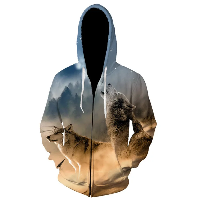 thumbnail image 1 of Sudadera con capucha para hombre de primavera y otoño con estampado de lobo Harajuku en 3D, cárdigan con cremallera y cordón de manga larga, 1 of 5