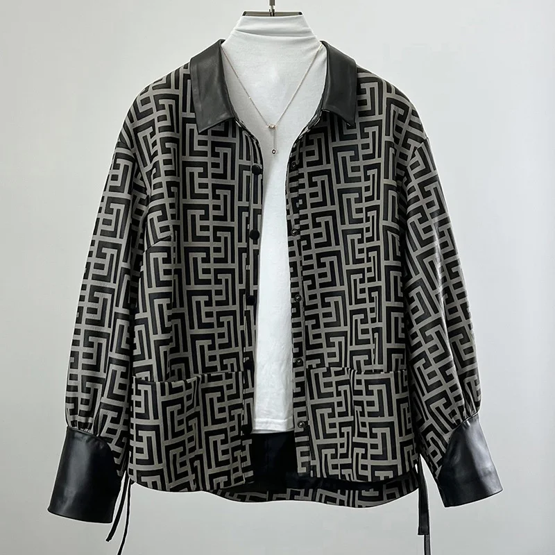 

Leather Jacket Women's Spring And Autumn Loose Turn-down Collar Short Floral Biker Genuine Sheepskin Tops